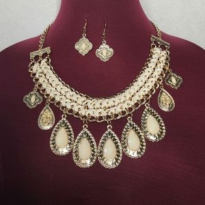 True Elegant Necklace And Earring Set Gold-Tone Metal Ivory Accents